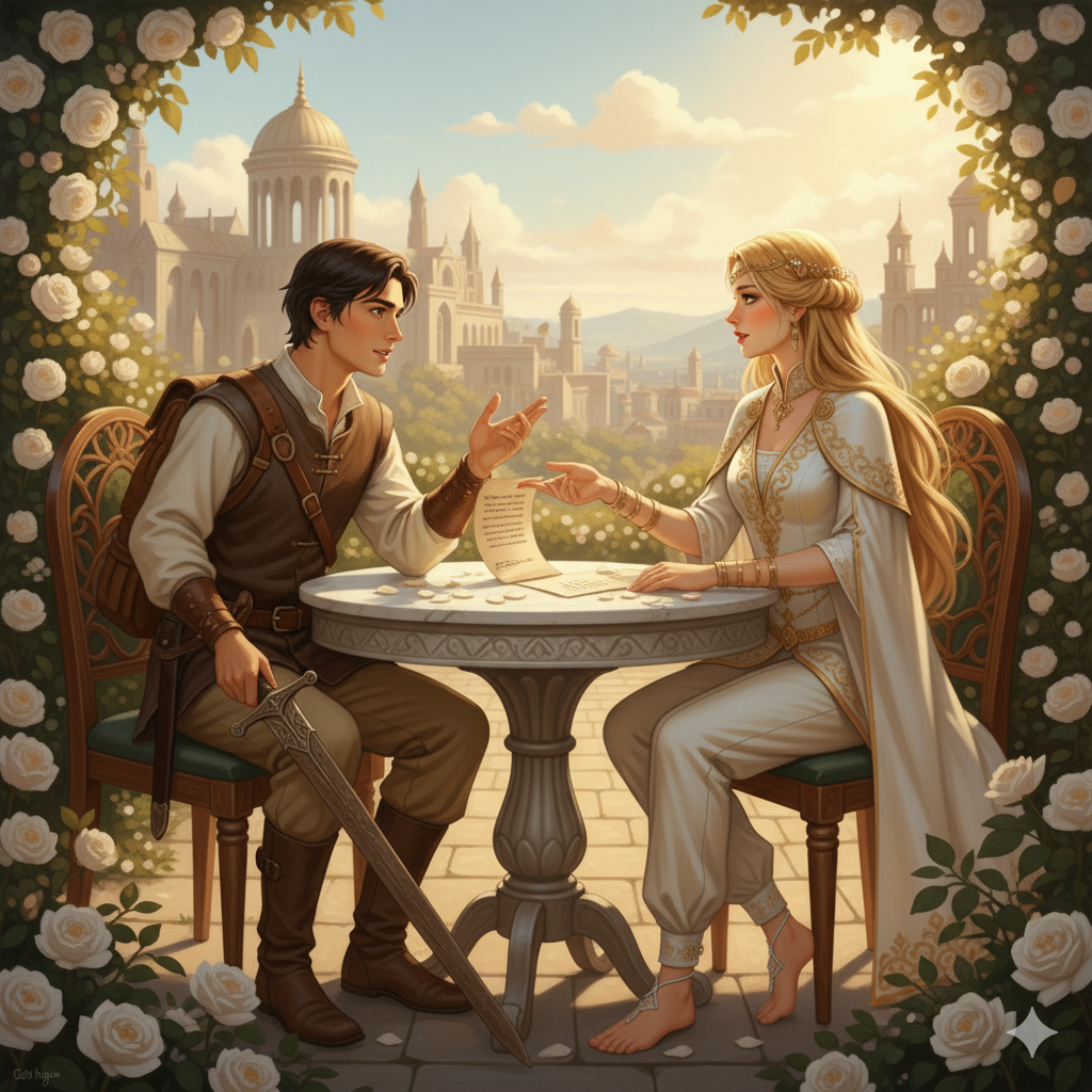 Lida redet mit Jopelin in ihrem Rosengarten im Palast